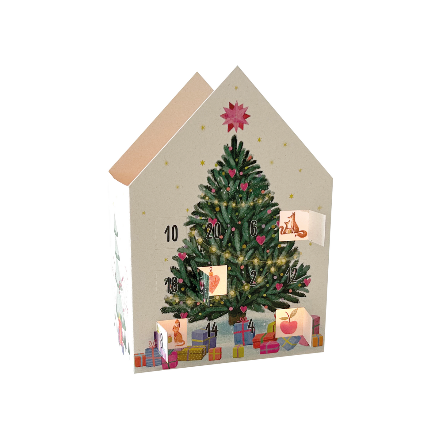 Adventskalender in Hausform mit Tannenbaum, Stern an der Spitze, Geschenken darunter und geöffneten Türchen mit Zahlen und Motiven