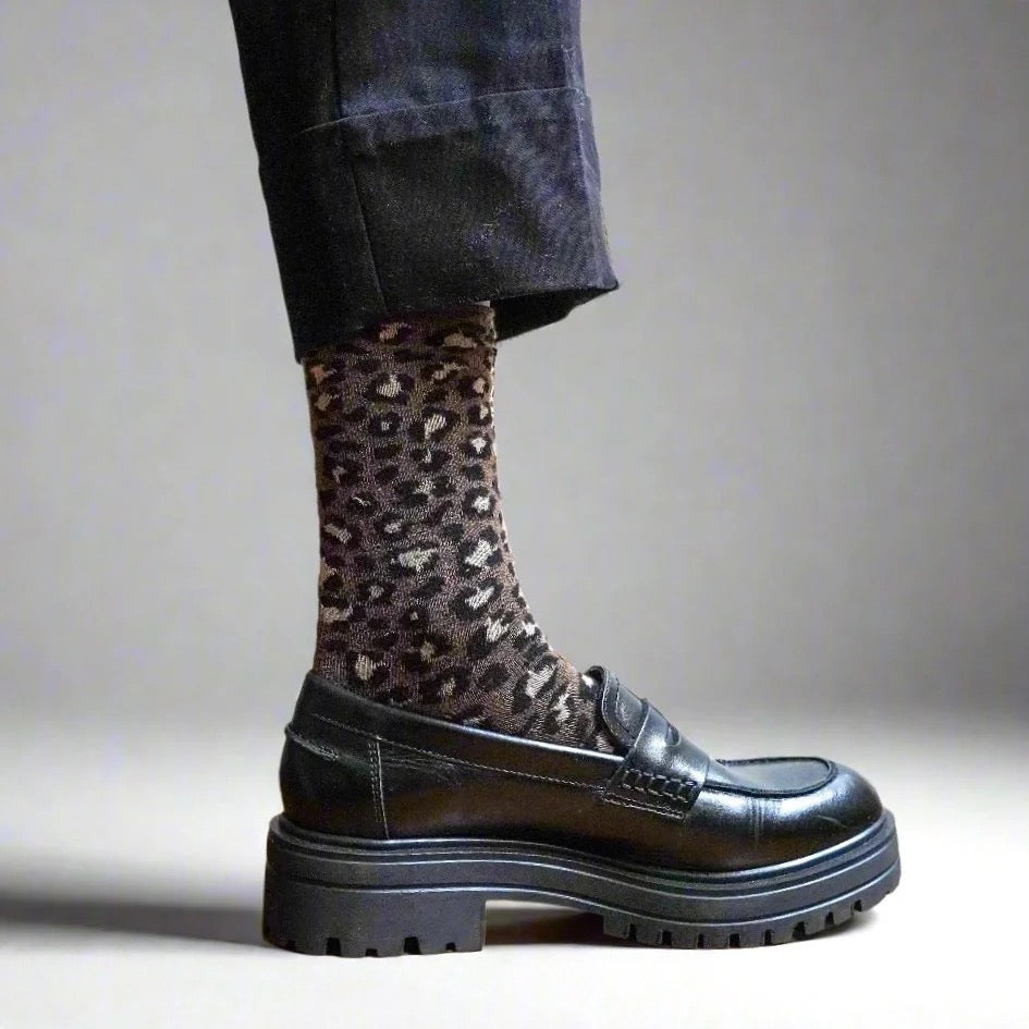 KLUE Glitter-Lurex-Socken aus Lyocell | Leopard Braun | 36-40