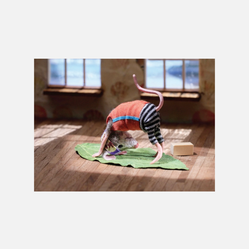 Maus in gestreifter Hose und rotem Pullover macht Yoga-Pose auf grünem Blatt in hellem Raum mit Fenstern