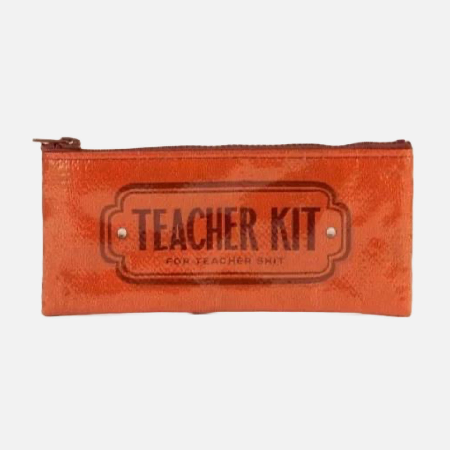 Orangenfarbenes Stiftemäppchen mit Reißverschluss und Aufdruck 'TEACHER KIT for teacher shit'