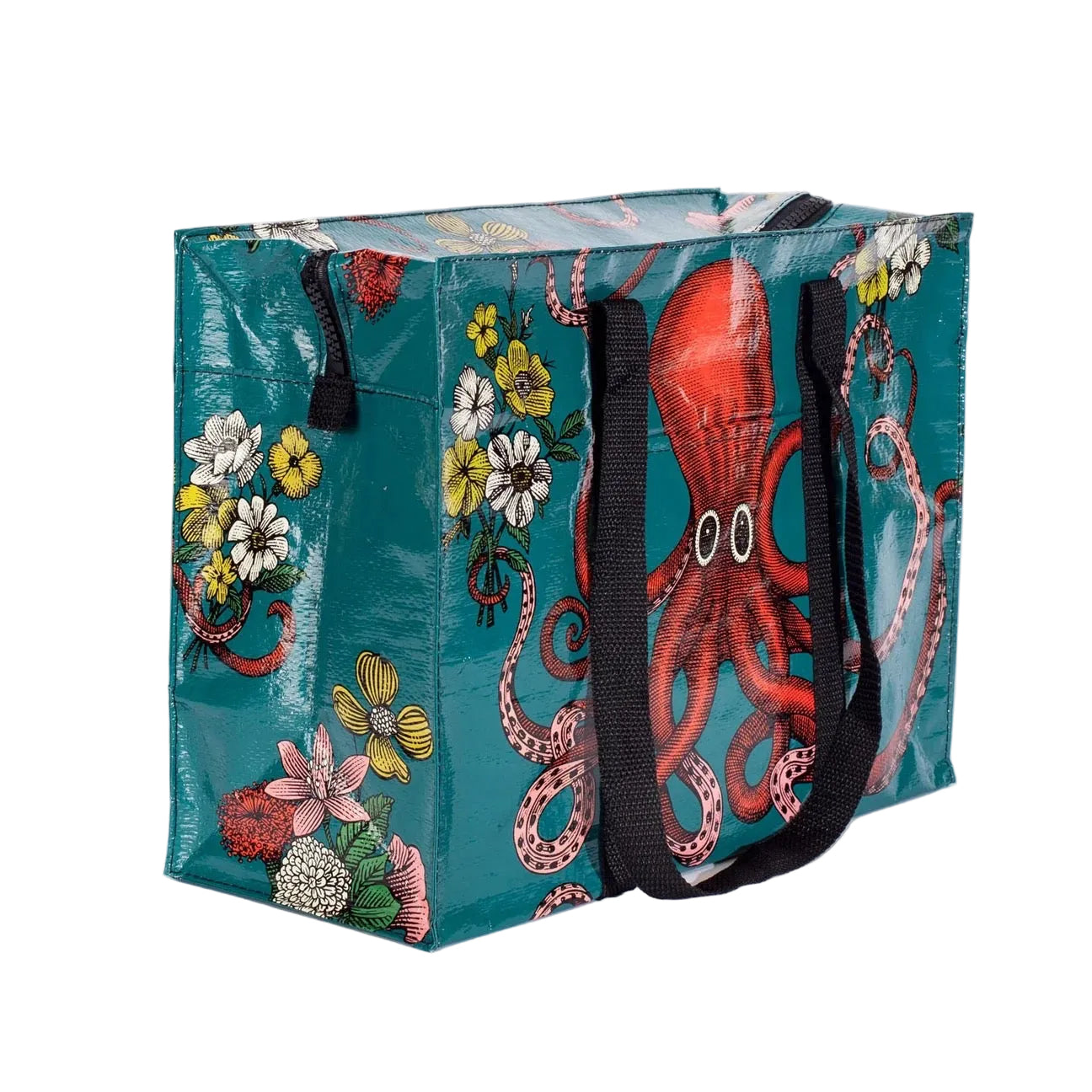 Tragetasche mit schwarzem Griff, bedruckt mit einem großen roten Oktopus und weißen Blumen auf türkisfarbenem Hintergrund, seitlich