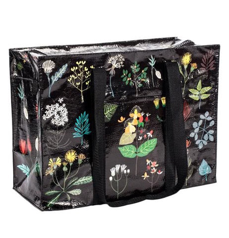 Schwarze Einkaufstasche mit bunten Blumenmotiven und schwarzen Tragegriffen