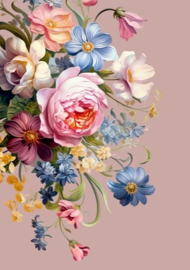 Bunte Blumenkomposition mit rosa Rose, blauen und weißen Blüten auf rosa Hintergrund