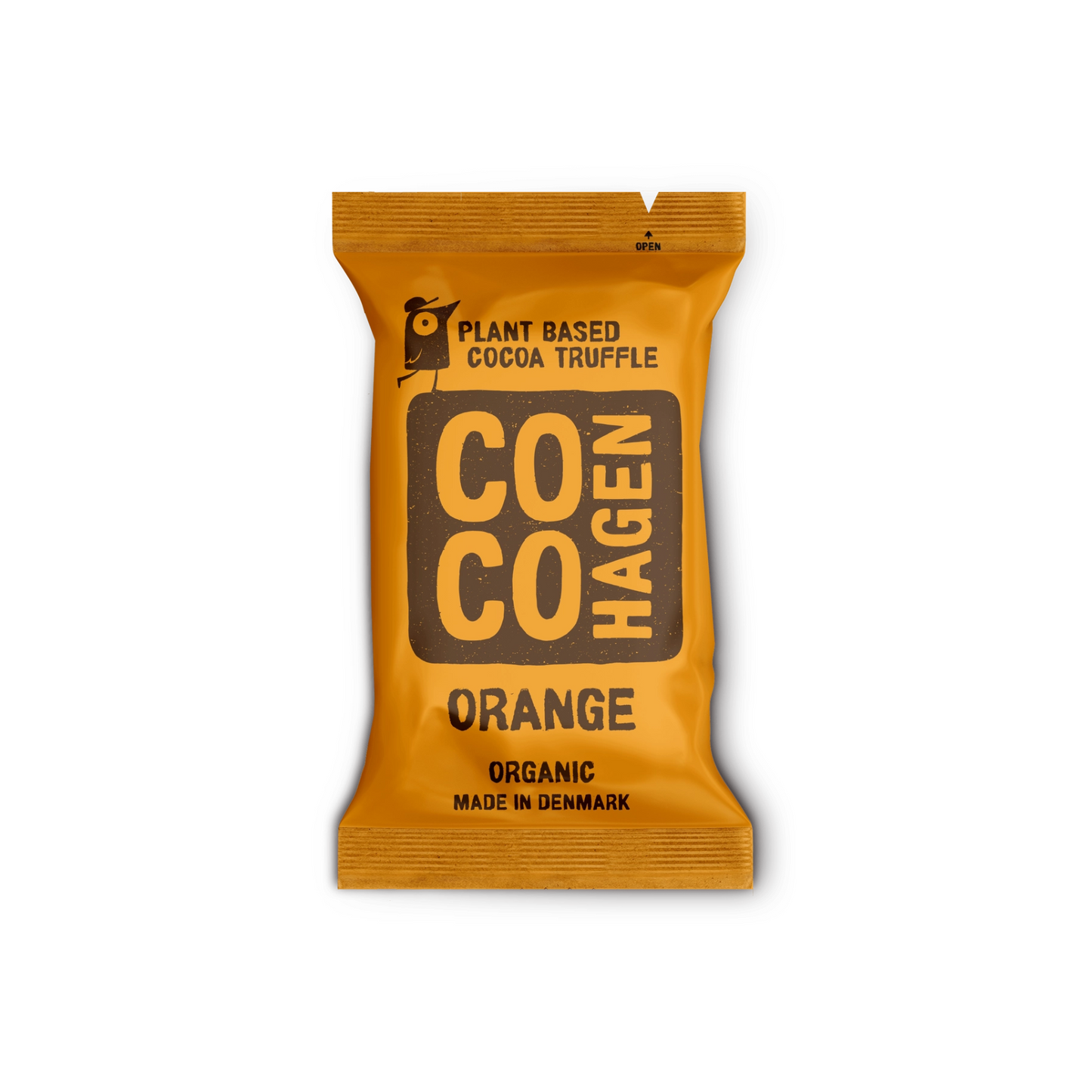 CocoHagen – Bio-Orangen-Kakaotrüffel in orangefarbenerVerpackung auf weißem Hintergrund, hergestellt in Dänemark