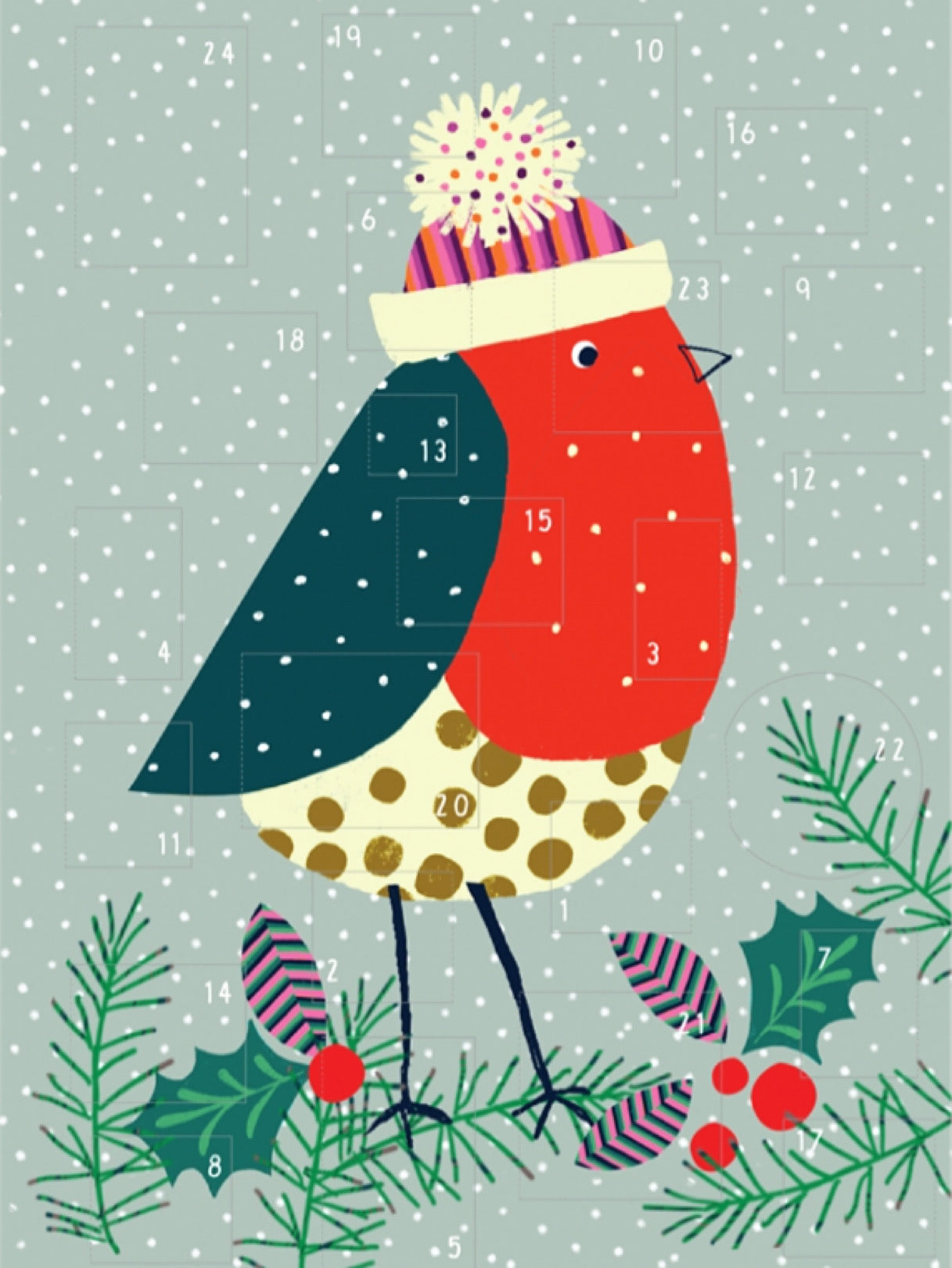 Adventskalender-Illustration eines Rotkehlchens mit roter Brust und blauem Rücken, das eine Mütze trägt, umgeben von Tannenzweigen, Zapfen und roten Beeren vor grauem Hintergrund mit weißen Schneeflocken.