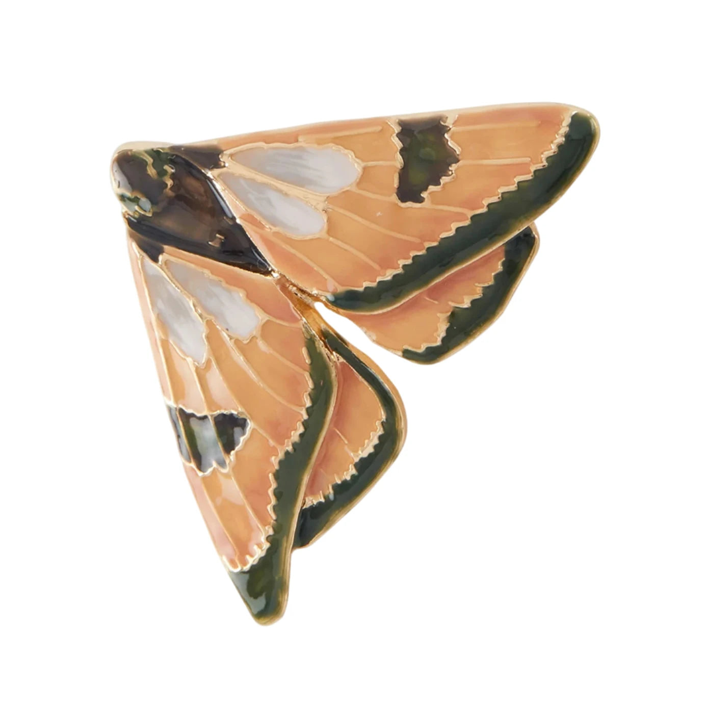 Schmuckbrosche in Form einer Motte mit orangefarbenen, weißen und schwarzen Flügeln und goldfarbenem Rand