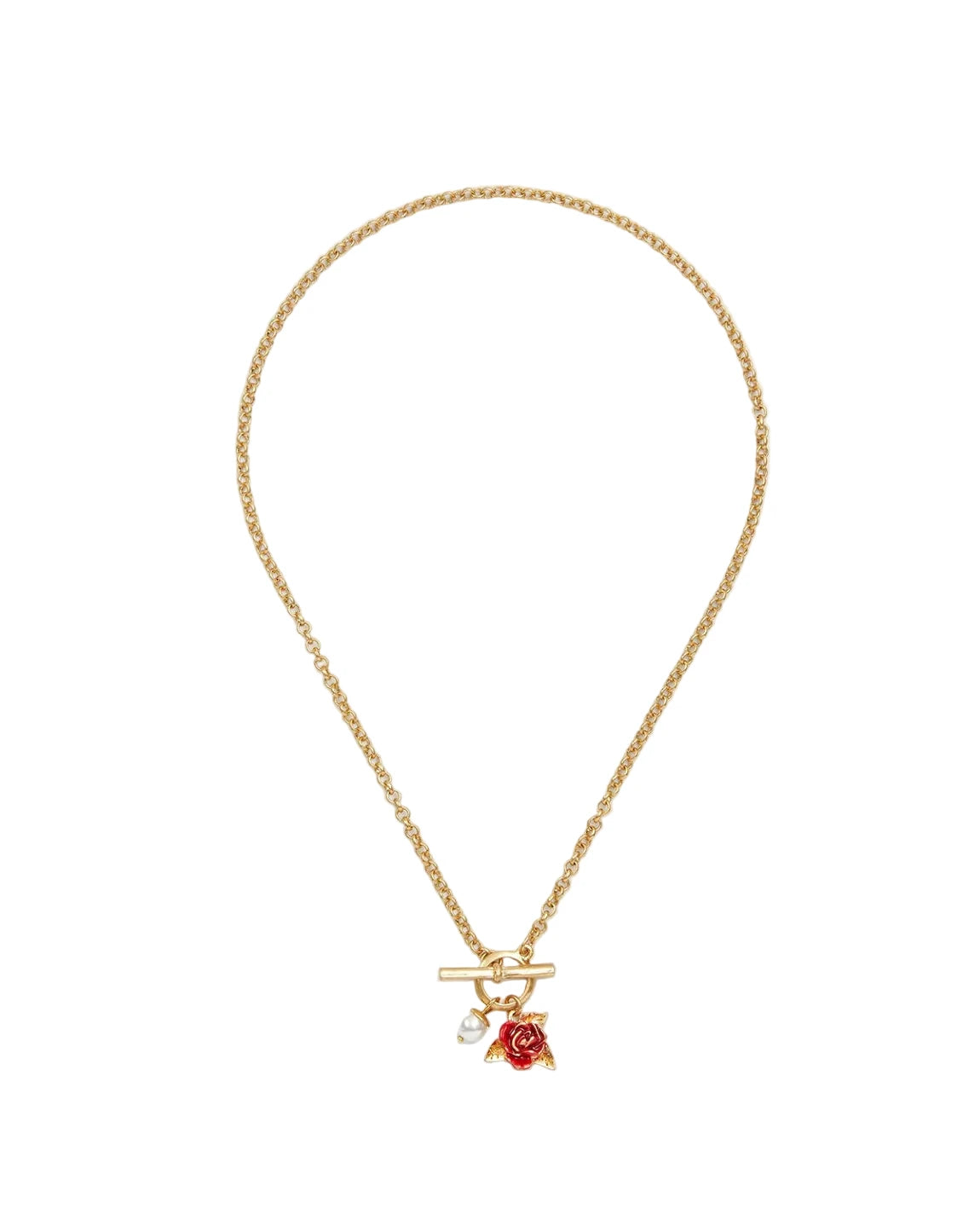 Elegante goldfarbene Halskette mit T-Steg-Knebelverschluss und dekorativem Anhänger. Der Anhänger besteht aus einem zarten roten Rosenanhänger mit goldenen Blättern und einer glänzenden weißen Perle, die für eine romantische und feminine Ästhetik sorgt.