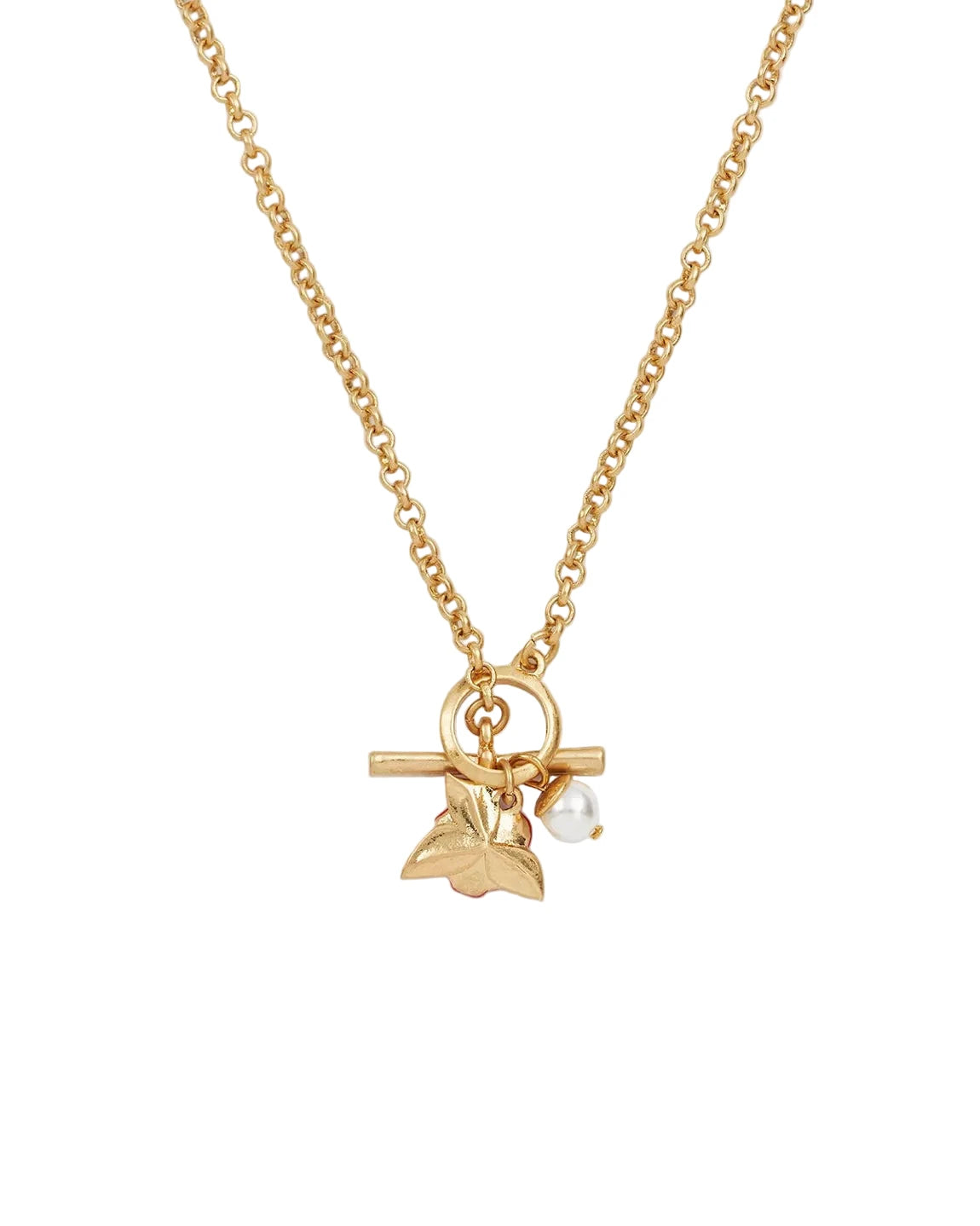 Elegante goldfarbene Halskette mit T-Steg-Knebelverschluss und dekorativem Anhänger.