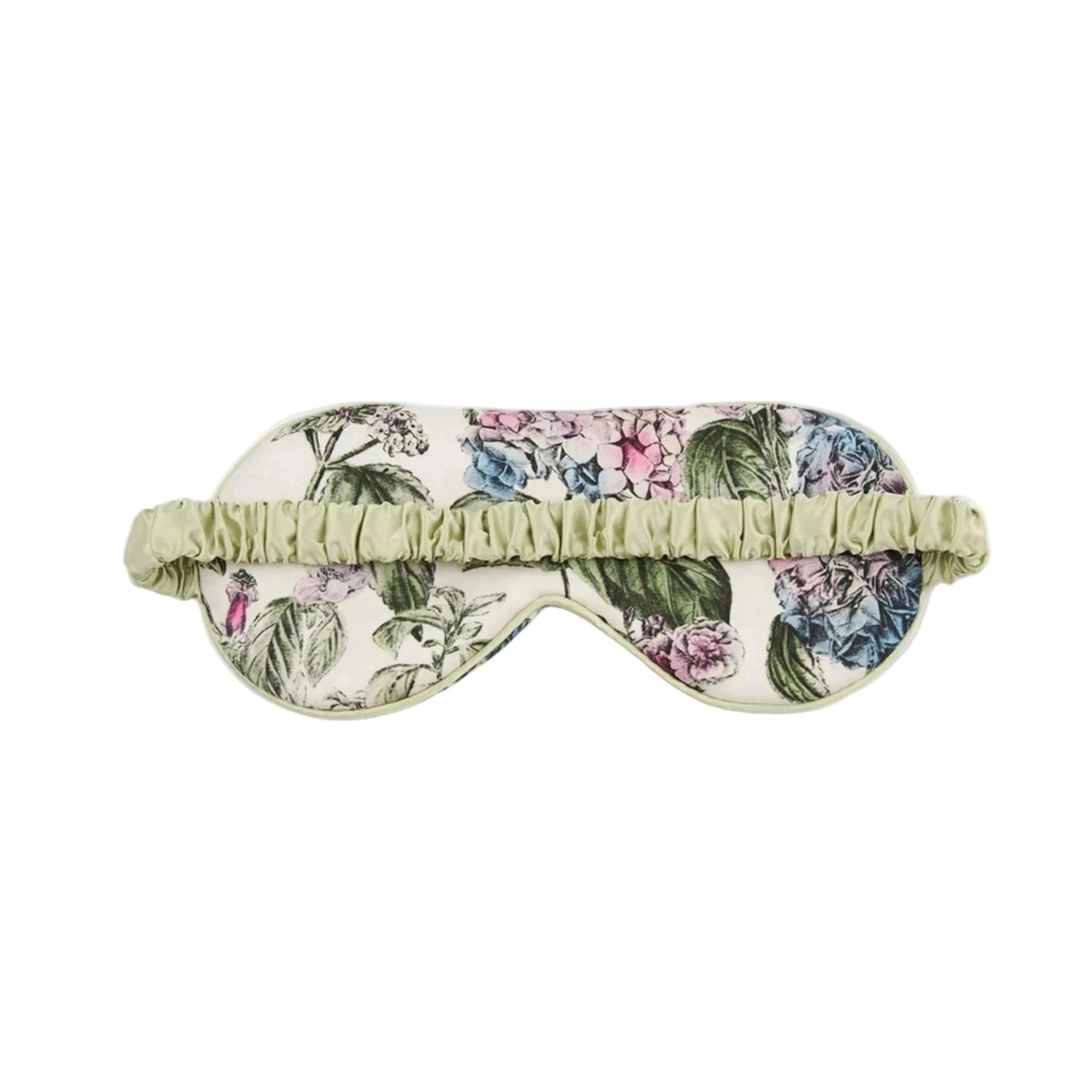 Luxuriöse Schlafmaske mit botanischem Hortensien-Design: große Blütendolden in zartem Rosa, Blau, Flieder und Grautönen mit grünen Blättern auf cremefarbenem Hintergrund, hellgrüne Satinpaspelierung und verstellbares elastisches Band in Mintgrün