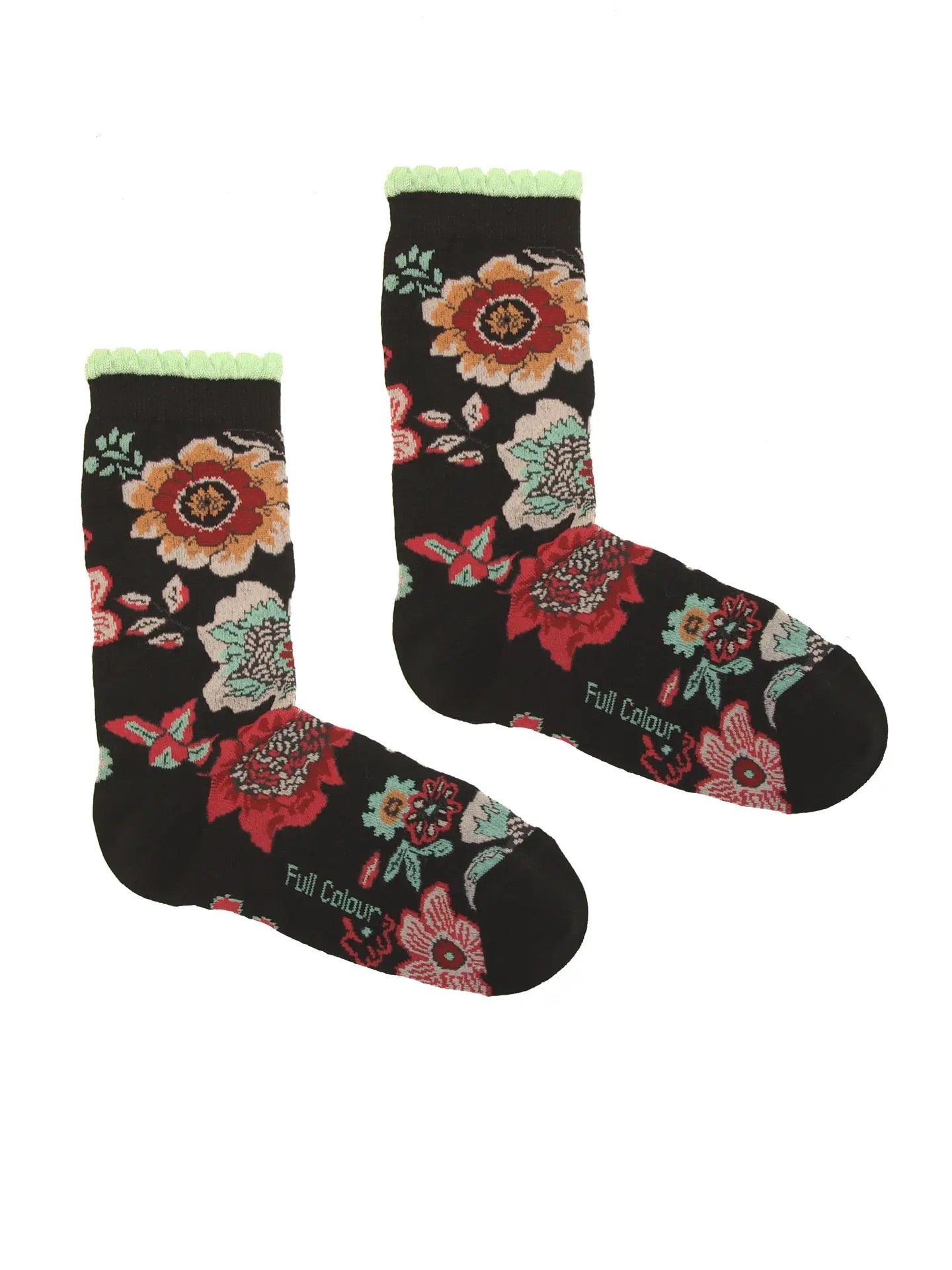 Schwarze Socken mit buntem Blumenmuster und hellgrünem Bündchen, Aufschrift 'Full Colour' am Fuß