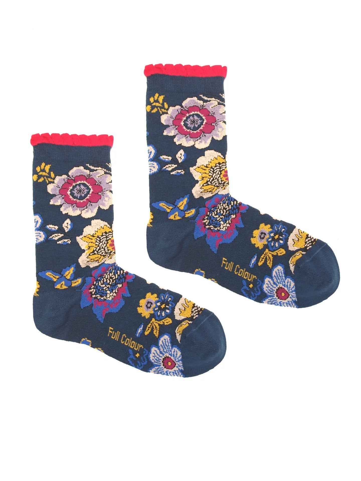 Dunkelblaue Socken mit buntem Blumenmuster und pinkem Bündchen, Schriftzug 'Full Colour' am Fuß