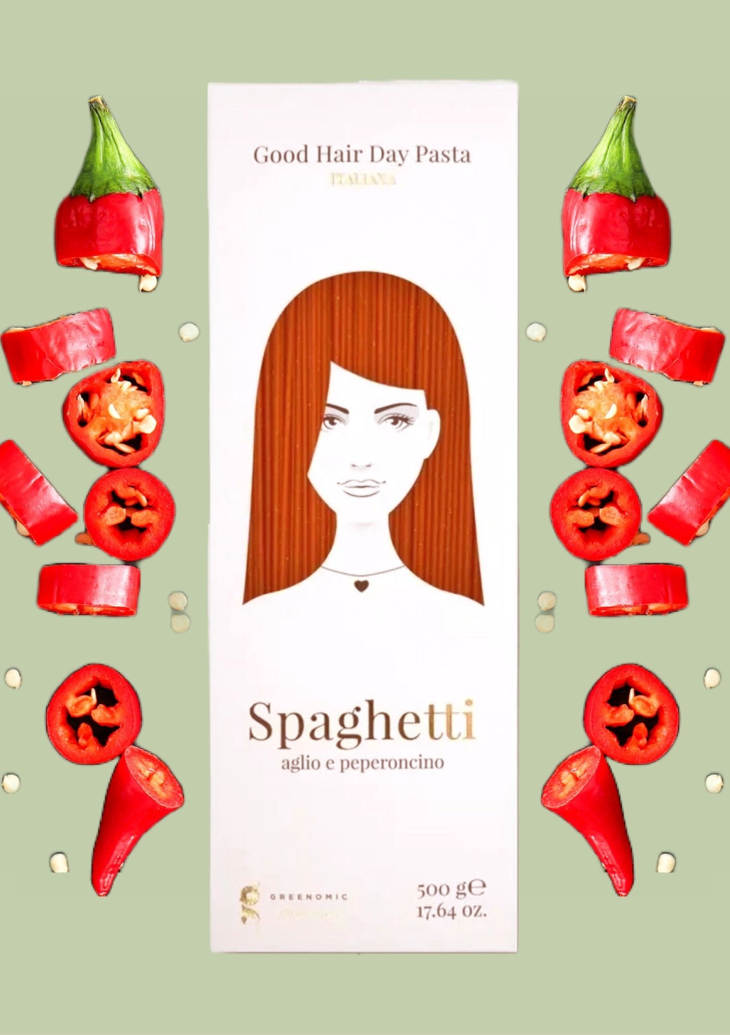 Verpackung von Good Hair Day Pasta Spaghetti mit Illustration einer Frau mit langen, glatten Haaren aus Spaghetti in Rot