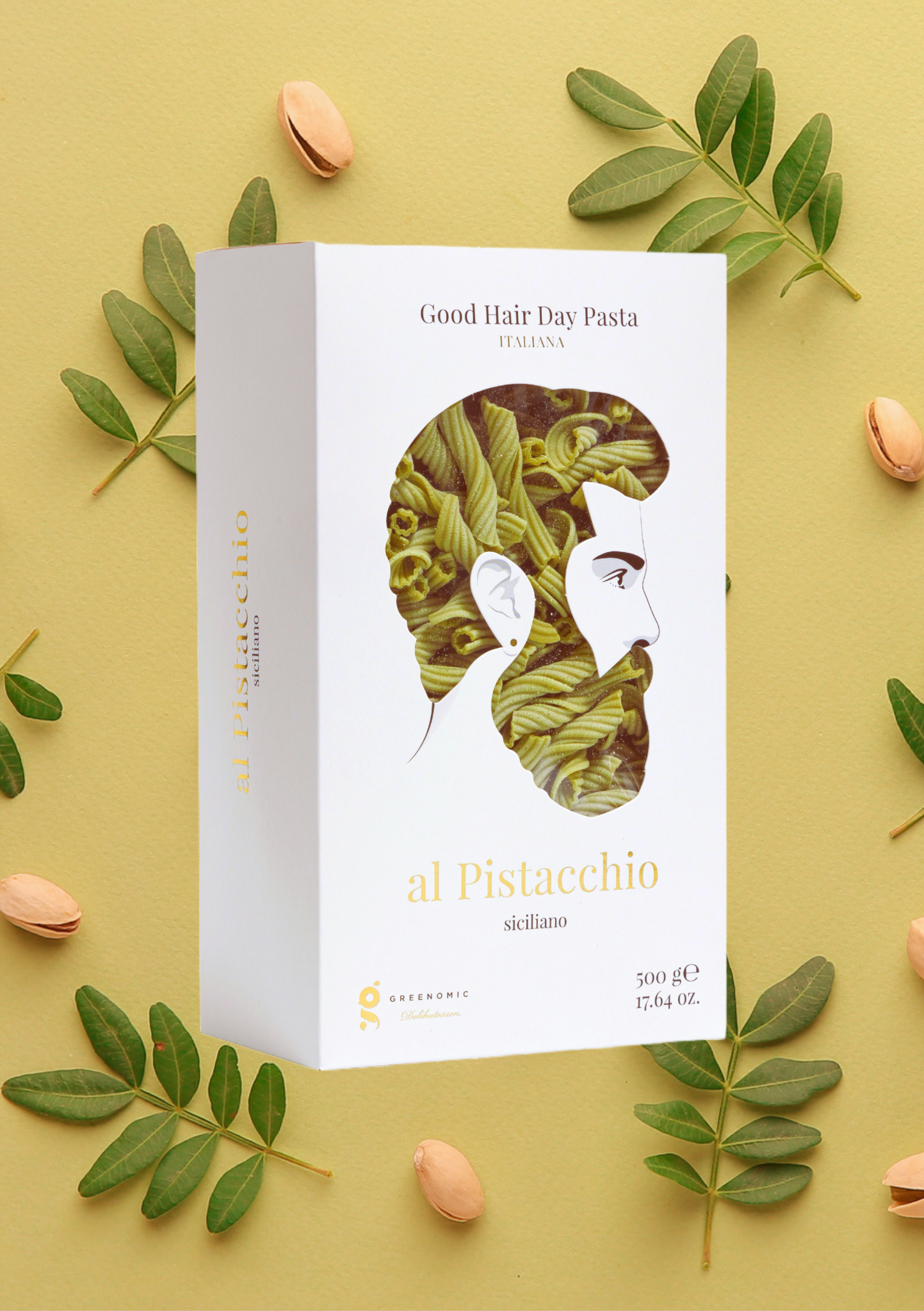 Verpackung der Good Hair Day Pasta mit männlichem Gesicht aus grüner Pasta, Marke al Pistacchio, 500 Gramm