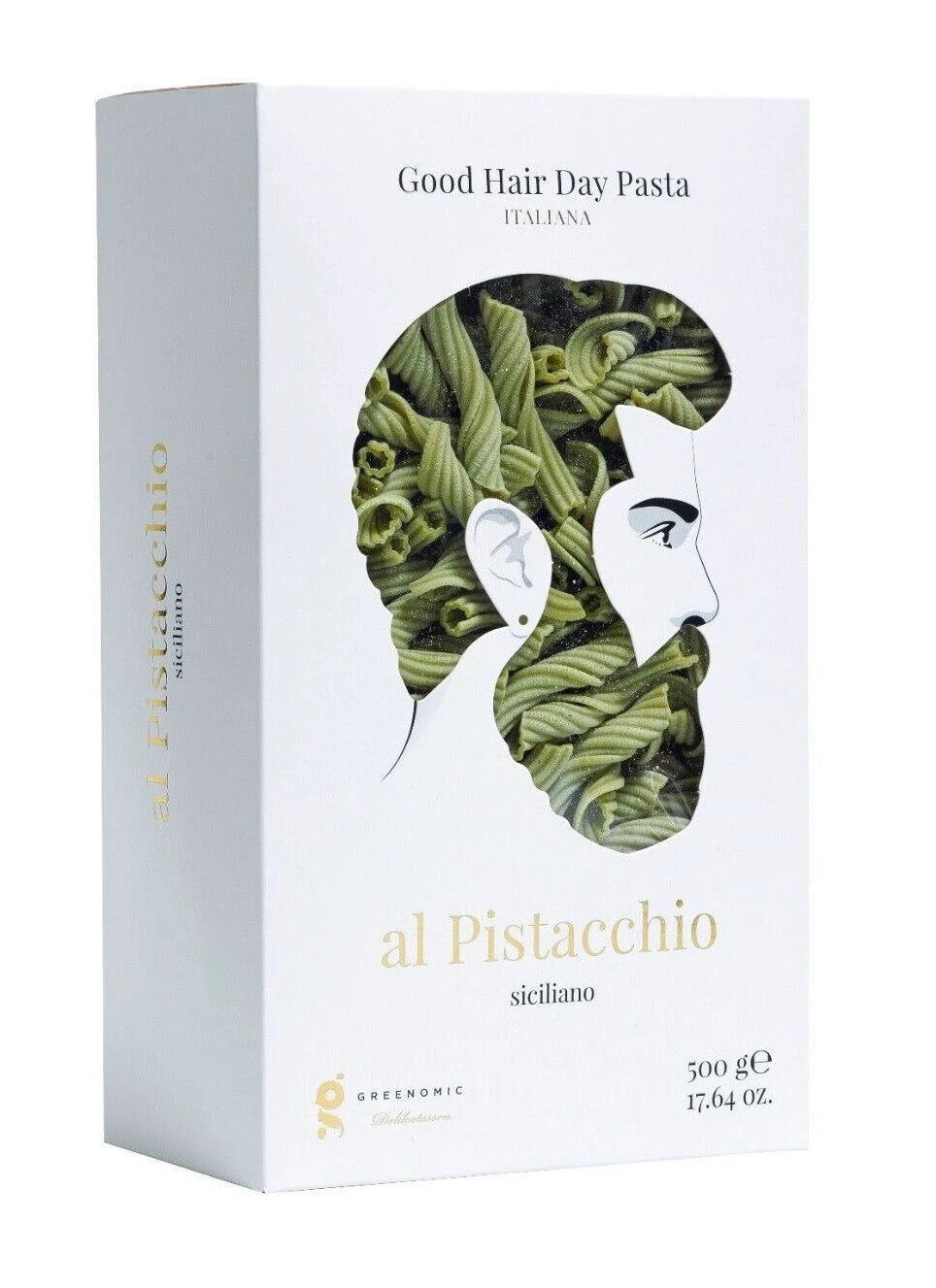 Verpackung der Good Hair Day Pasta mit männlichem Gesicht aus grüner Pasta, Marke al Pistacchio, 500 Gramm