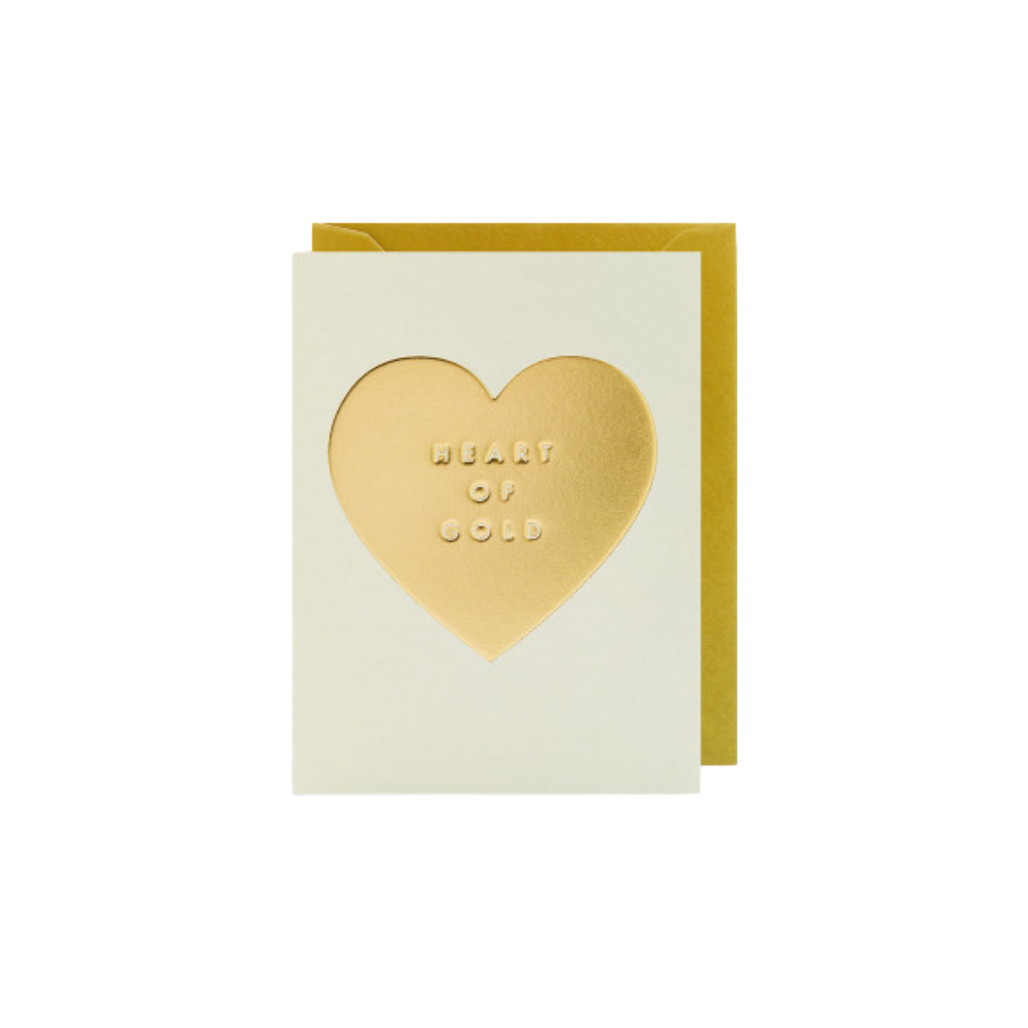 Karte mit goldenem Herz und dem Schriftzug 'HEART OF GOLD' auf cremefarbenem Hintergrund, goldener Umschlag