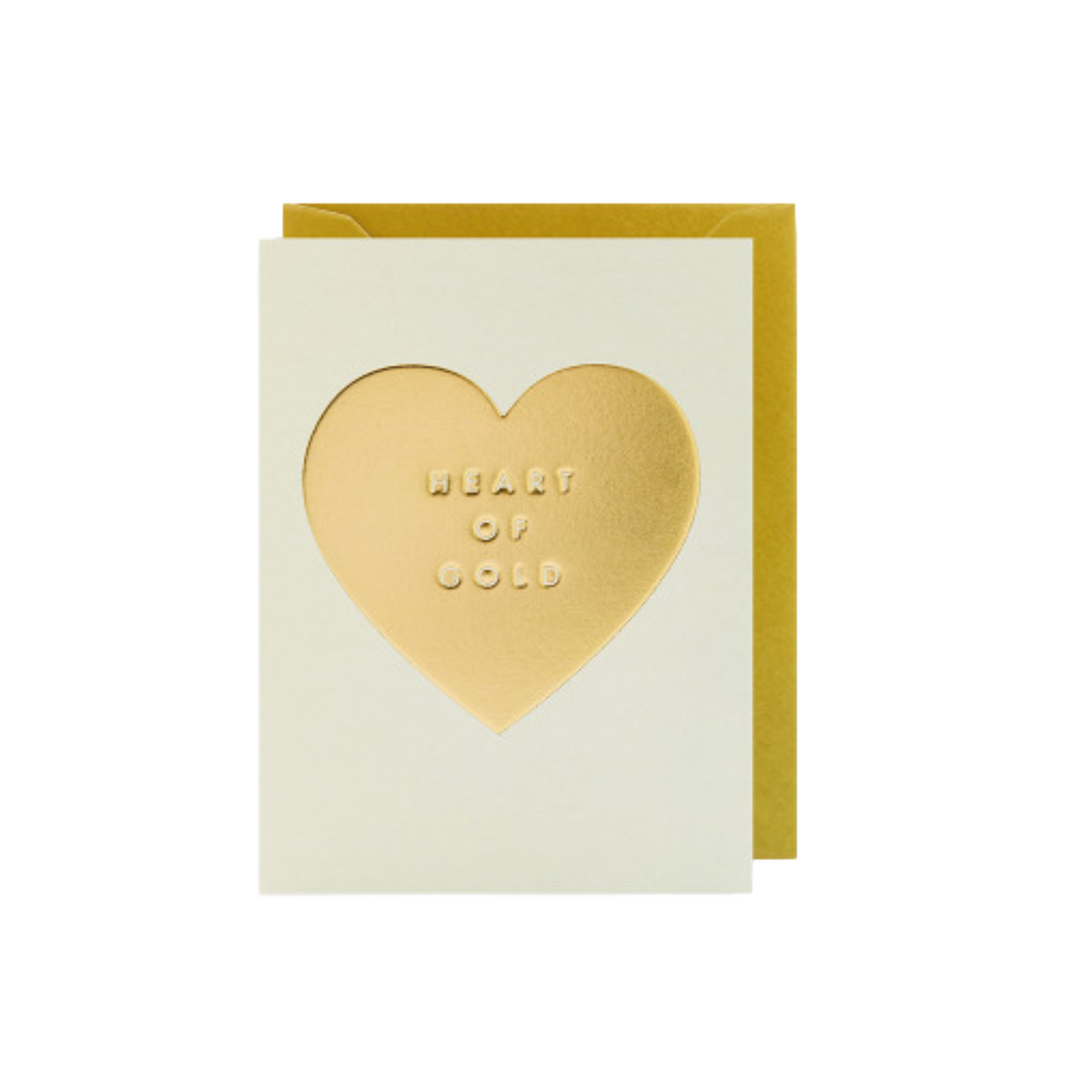 Karte mit goldenem Herz und dem Schriftzug 'HEART OF GOLD' auf cremefarbenem Hintergrund, goldener Umschlag