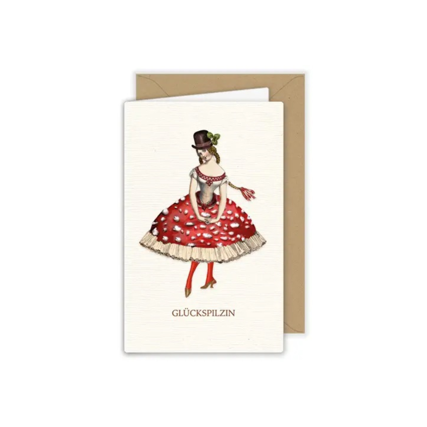 Klappkarte mit Frau und Fliegenpilzrock