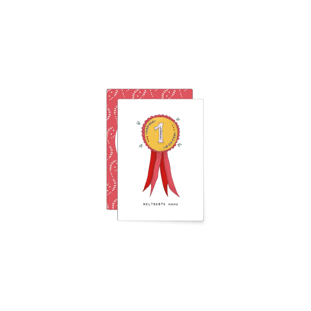Karte mit rotem Band und Medaille mit der Nummer 1, darunter der Text 'Weltbeste Mama'