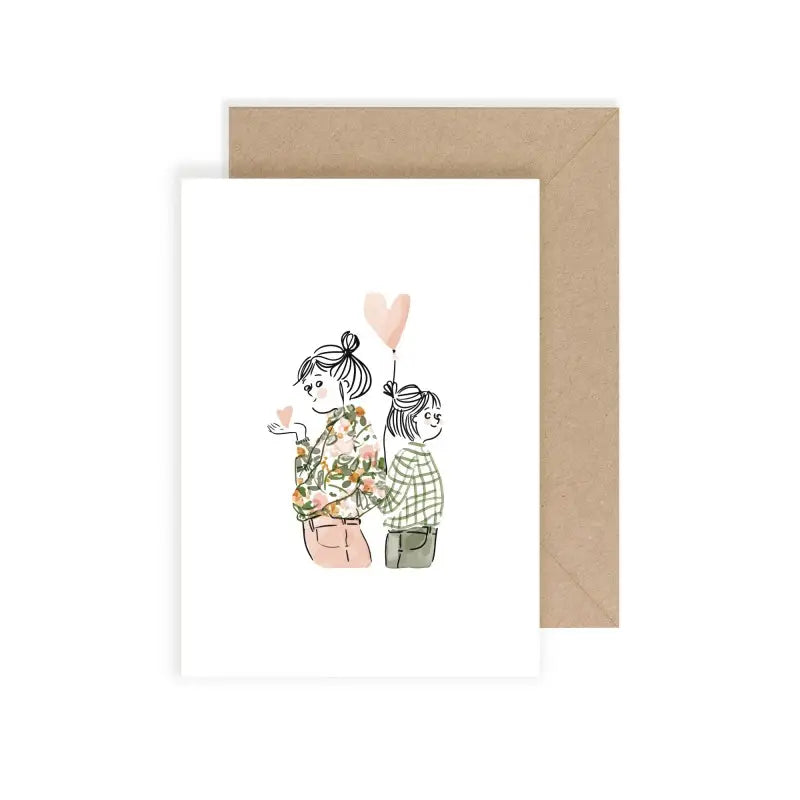 Illustration zweier Personen Rücken an Rücken, eine hält ein Herz-Luftballon, die andere bläst ein Herz in die Luft