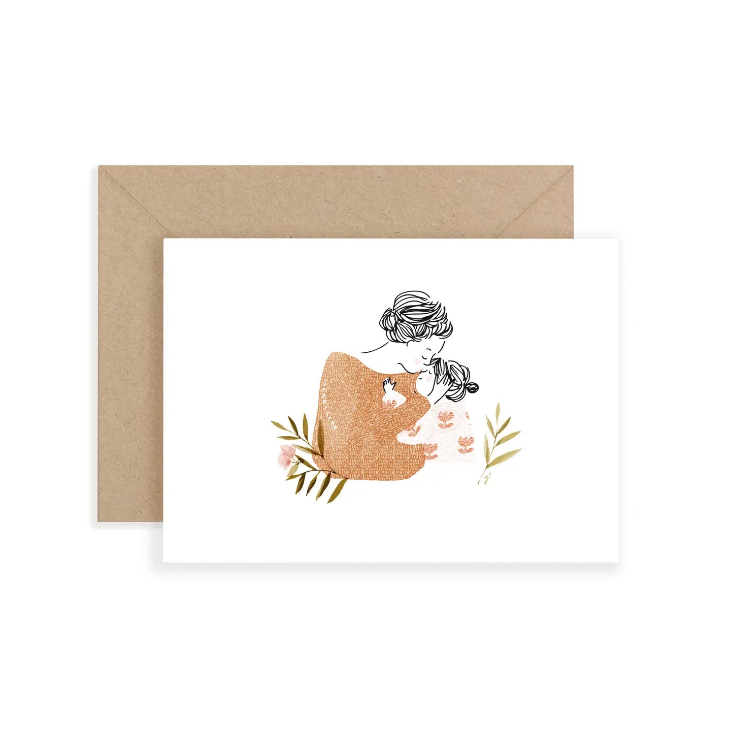 Illustration einer Frau mit zusammengebundenem Haar, die ein kleines Mädchen hält, umgeben von Blumen und Blättern