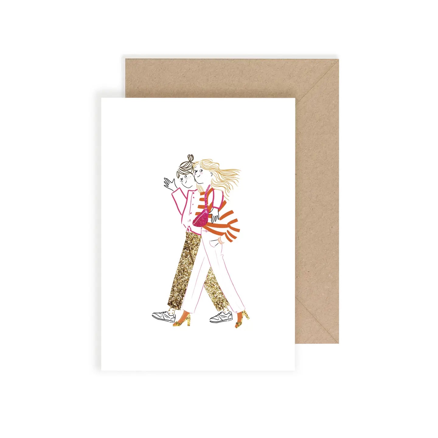 Postkarte mit umschlag mit Illustration zweier Mädchen, die nebeneinander gehen, ein Mädchen mit langem Haar und gestreifter Jacke, andere Mädchen mit Dutt und gemusterter Hose