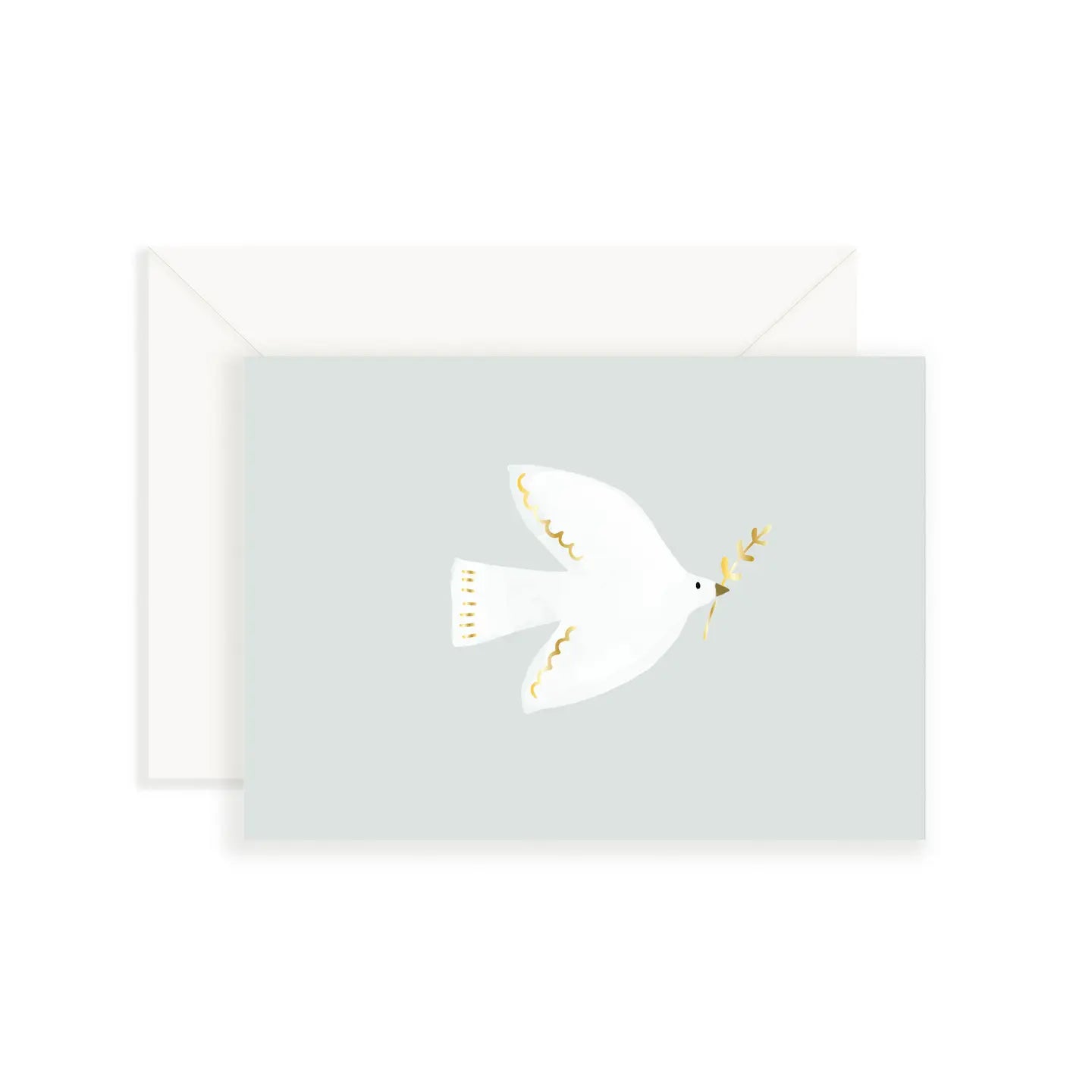 Weiße Taube mit Olivenzweig im Schnabel auf hellgrauem Hintergrund und weißer Umschlag