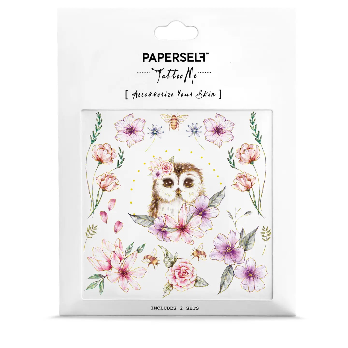 PAPERSelf temporäres Tattoo mit Eule und Blumen in Pastellfarben, Verpackung mit Text 'Tattoo Me' und 'Accessorize Your Skin'