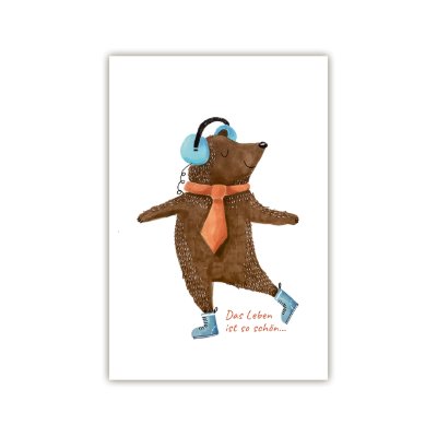 Tanzender brauner Bär mit blauen Kopfhörern, orangefarbener Krawatte und blauen Schuhen, Text 'Das Leben ist so schön'