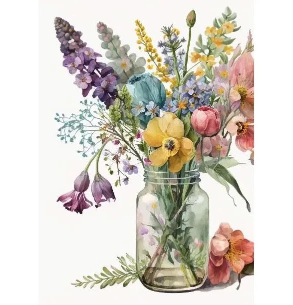 Ein Glasgefäß mit einem bunten Blumenstrauß, bestehend aus lila, gelben, rosa und blauen Blüten sowie grünen Blättern.