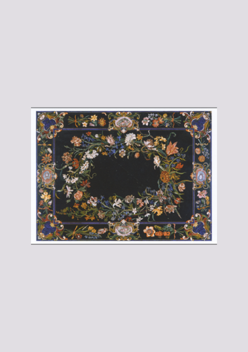 Postkarte Tischplatte mit blumenkranz