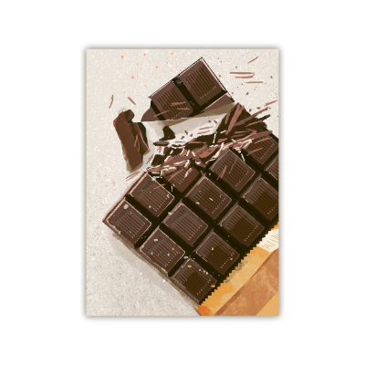 Dunkle Schokoladentafel mit mehreren Stücken, einige zerbrochen und Krümel verstreut