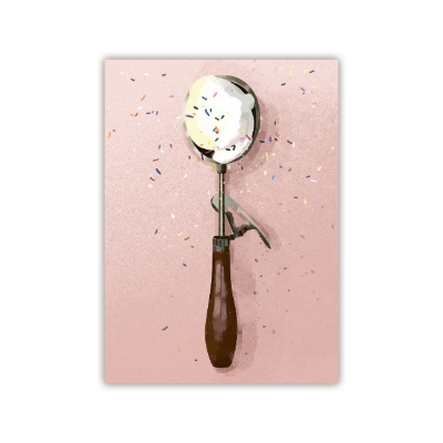 Eisportionierer mit braunem Griff und Vanilleeis mit bunten Streuseln auf rosa Hintergrund