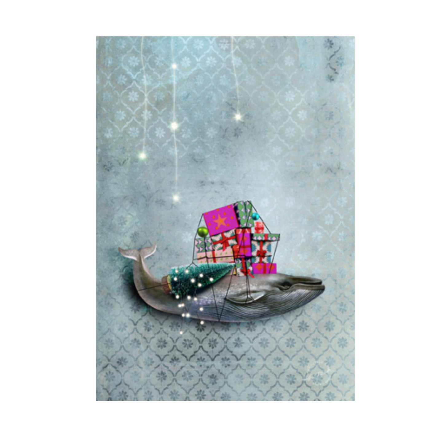 Graue Walillustration mit bunten Geschenkpaketen auf dem Rücken vor gemustertem Hintergrund und leuchtenden Sternen.