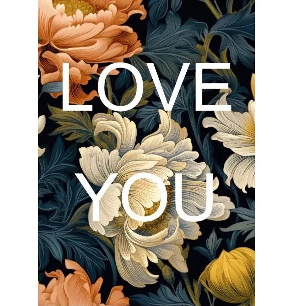 Bunte Blumenmuster mit dem Text 'LOVE YOU' in großen weißen Buchstaben in der Mitte.