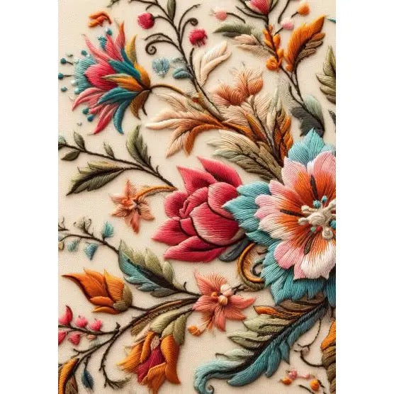 Postkarte Vintage Stickerei mit bunten Blumen und Blättern in Orange, Rot, Blau und Grün auf hellem Stoff