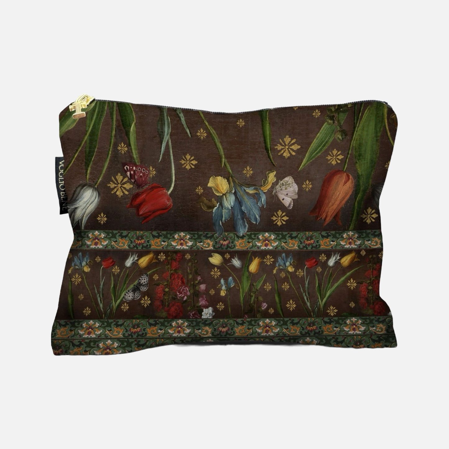 Kosmetiktasche mit Reißverschluss, braun mit floralem Muster und goldfarbenen Akzenten