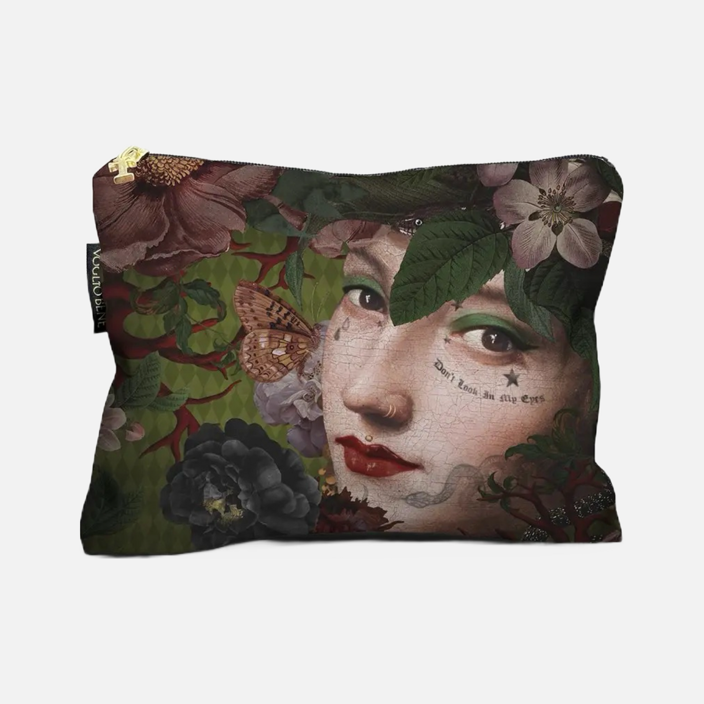 Kosmetiktasche mit Medusa-Motiv, grünem Hintergrund, roten Ästen, Schlangen und Blumen, Reißverschluss oben