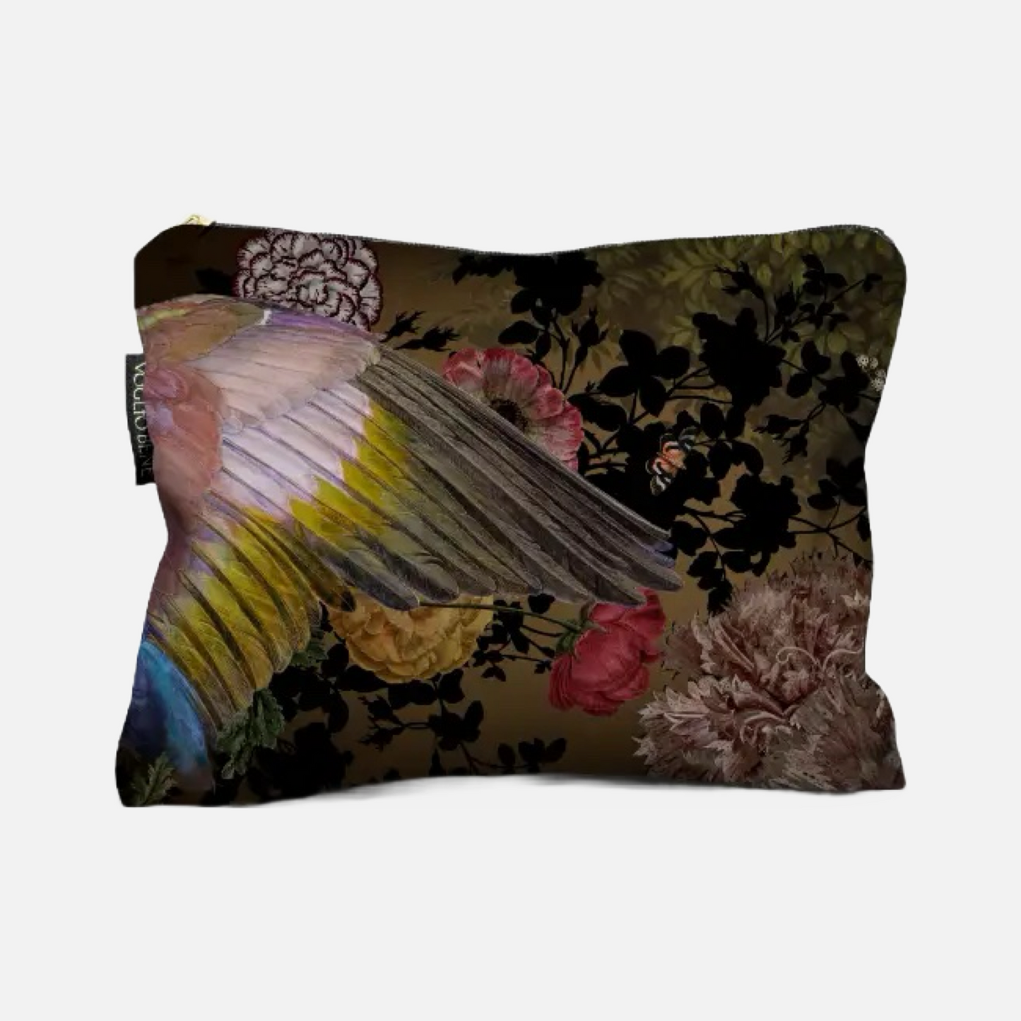 Kosmetiktasche mit Reißverschluss, bedruckt mit einem bunten Vogelflügel und Blumen auf dunklem Hintergrund