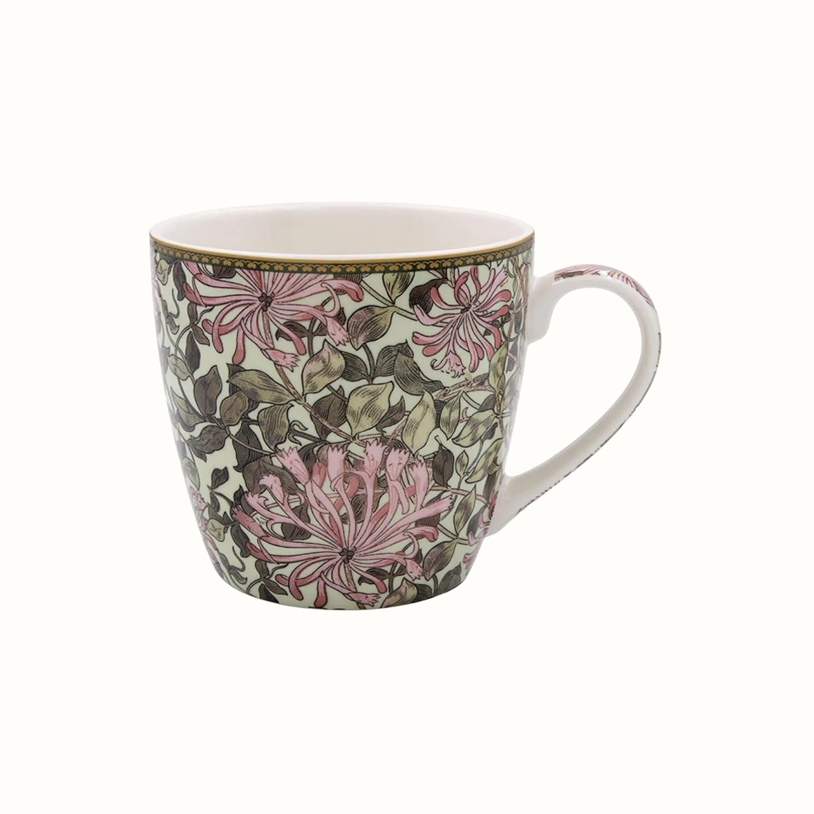 Tasse mit Henkel, verziert mit floralen Mustern in Rosa und Grün, goldener Rand am oberen Rand.