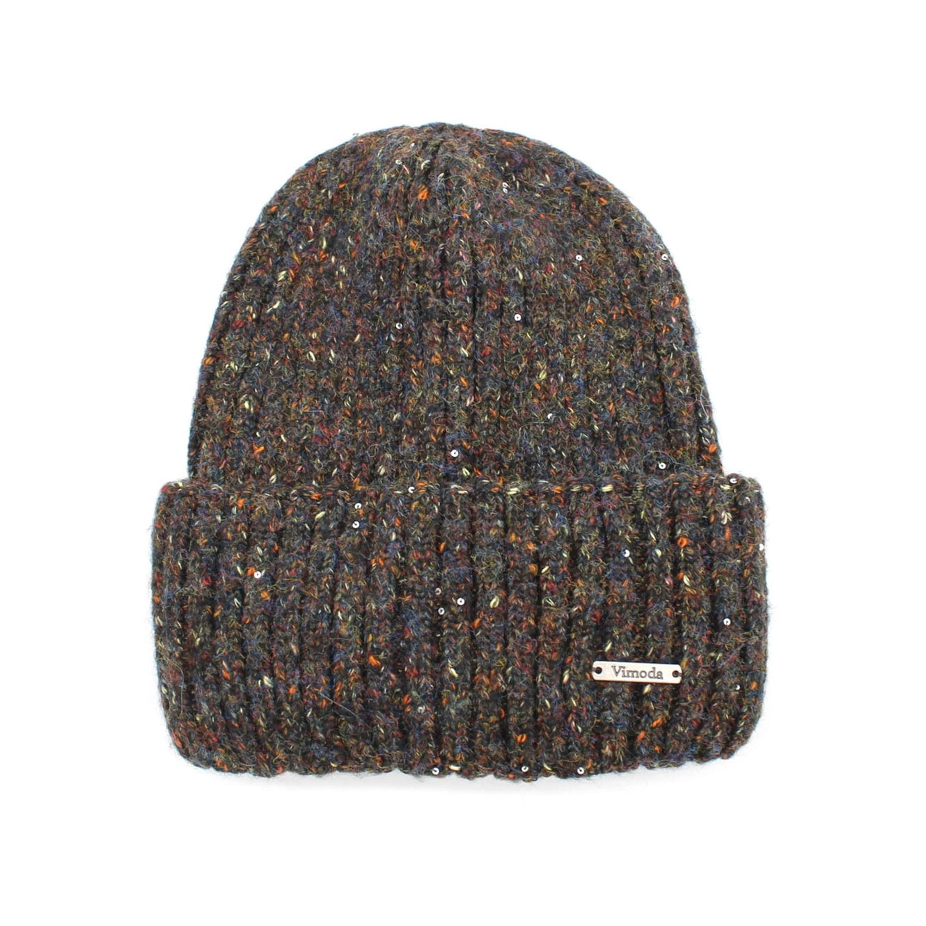 Strickmütze mit bunten Sprenkeln und Vimoda-Marken Label