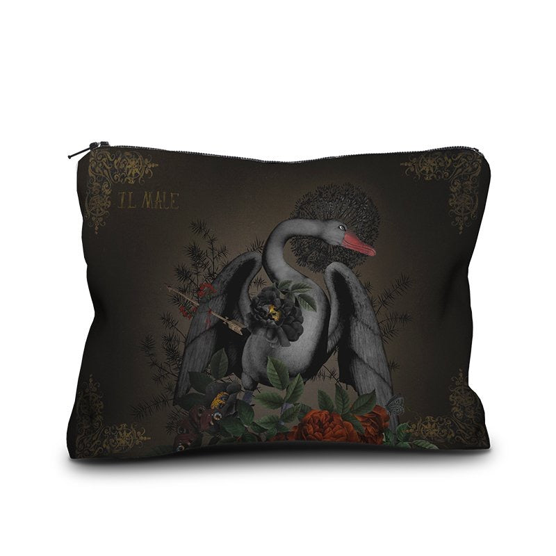 Dunkle Kosmetiktasche mit Reißverschluss, bedruckt mit schwarzem Schwan, roten Rosen und dem Schriftzug 'TI BENE'