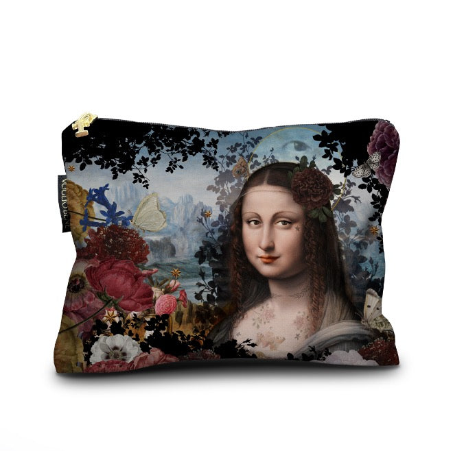 Kosmetiktasche mit Motiv der Mona Lisa umgeben von großen, bunten Blumen und goldenen Vasen