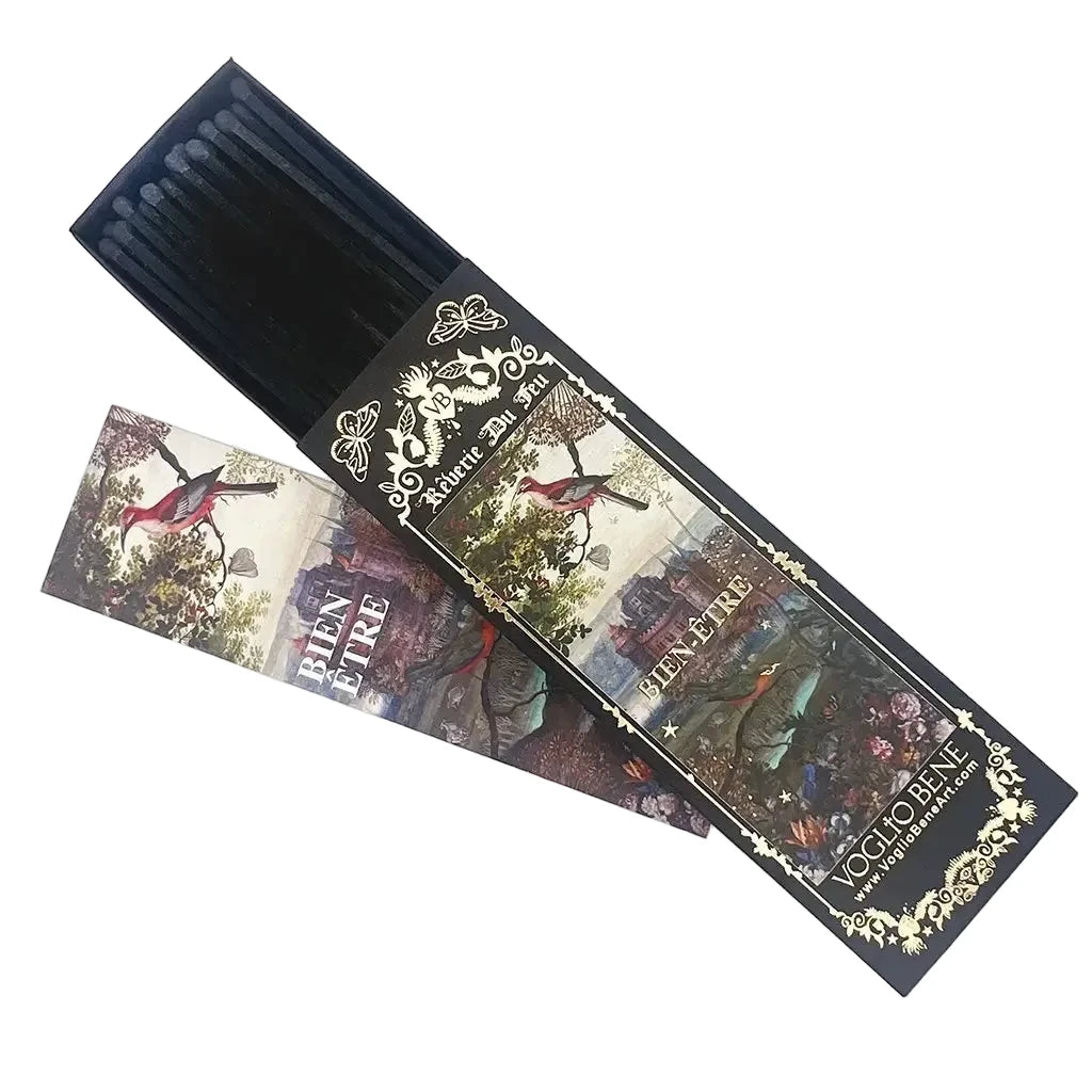 Dekorative Luxus-Streichholzschachtel mit klassischem Kunstwerk zeigt Gartenszene mit Personen in historischer Kleidung zwischen üppigem Grün und Architektur. Schwarze Verpackung mit goldenen Ornamenten und floralen Motiven. Schachtel teilweise geöffnet, Kunstdruck auf Außenhülle und Innenschublade sichtbar. Text ‘BIEN ETRE’ im Kunstwerk erkennbar. Marke ‘VOGLIO BENE’ mit Website-URL auf eleganter schwarzer Verpackung. Lange Holzstreichhölzer in geöffneter Schachtel sichtbar.