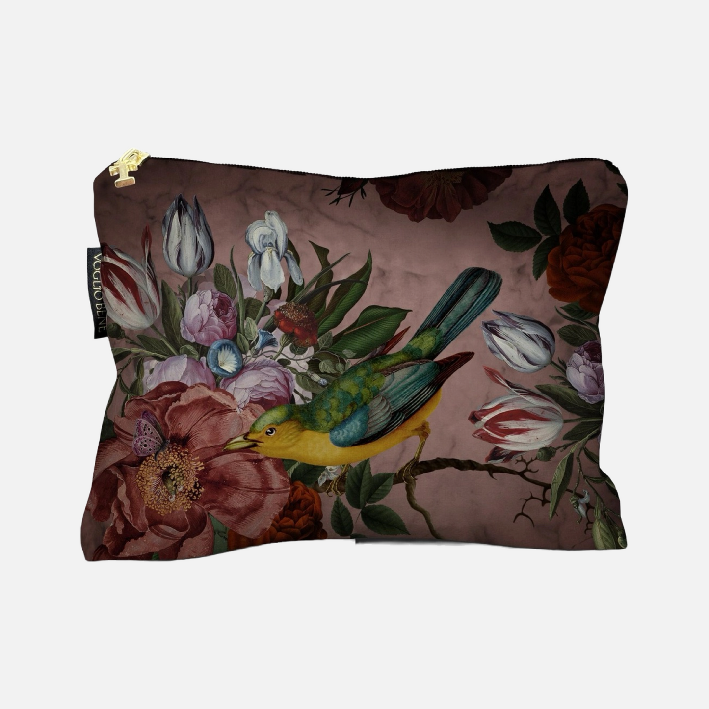 Kosmetiktasche mit Reißverschluss, bedruckt mit buntem Vogel und verschiedenen Blumen auf dunklem Hintergrund