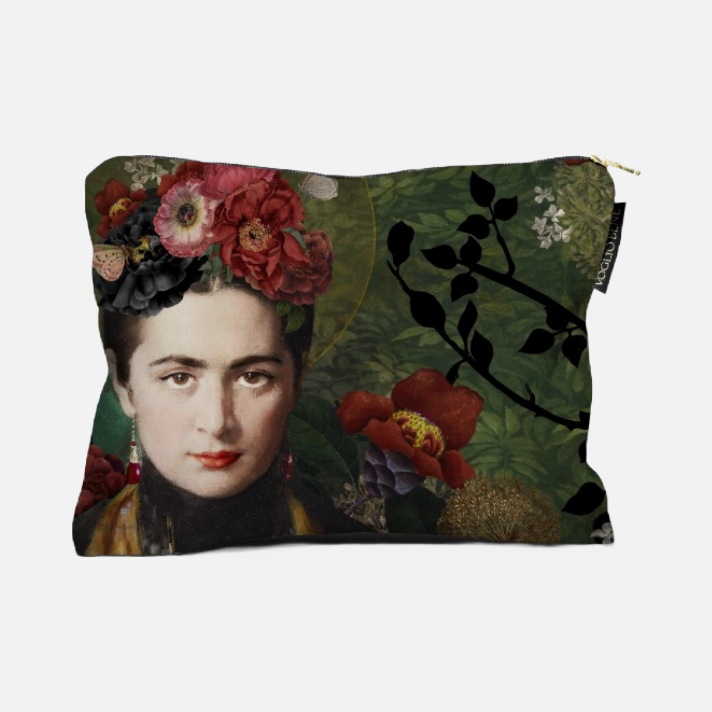 Kosmetiktasche mit Abbild einer Frau, Blumenmuster und schwarzem Zweig auf grünem Hintergrund