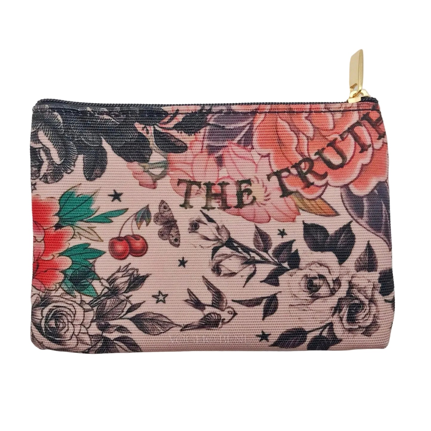 Geldbörse mit Blumen, Schmetterling, Kirschen, Schriftzügen 'THE TRUTH', 'Fight' und 'VOGLIO BENE' auf rosa Hintergrund