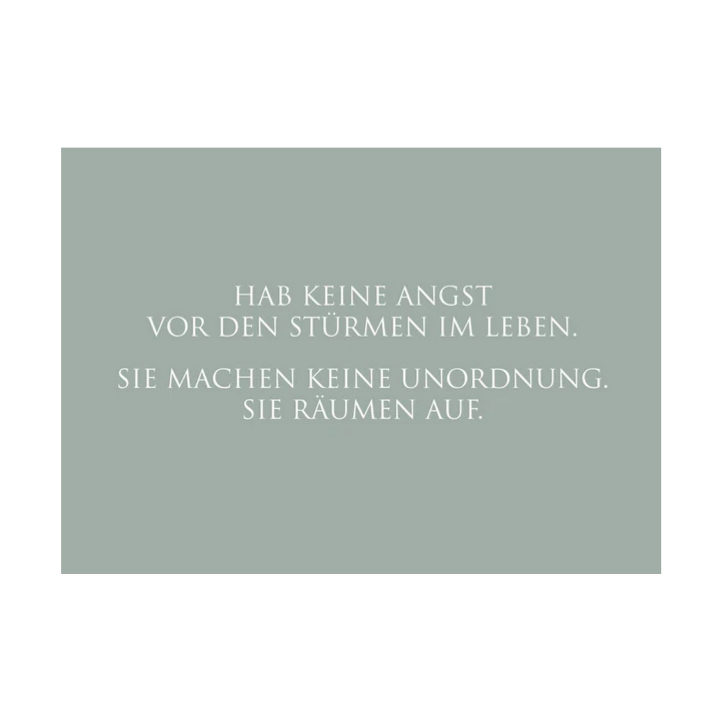 Dieses Bild zeigt eine Postkarte mit deutschem Text auf salbeigrünem Hintergrund. Der weiße Text in klarer, moderner Schrift trägt die folgende Botschaft:
„HAB KEINE ANGST VOR DEN STÜRMEN IM LEBEN. SIE MACHEN KEINE UNORDNUNG. SIE RÄUMEN AUF.“