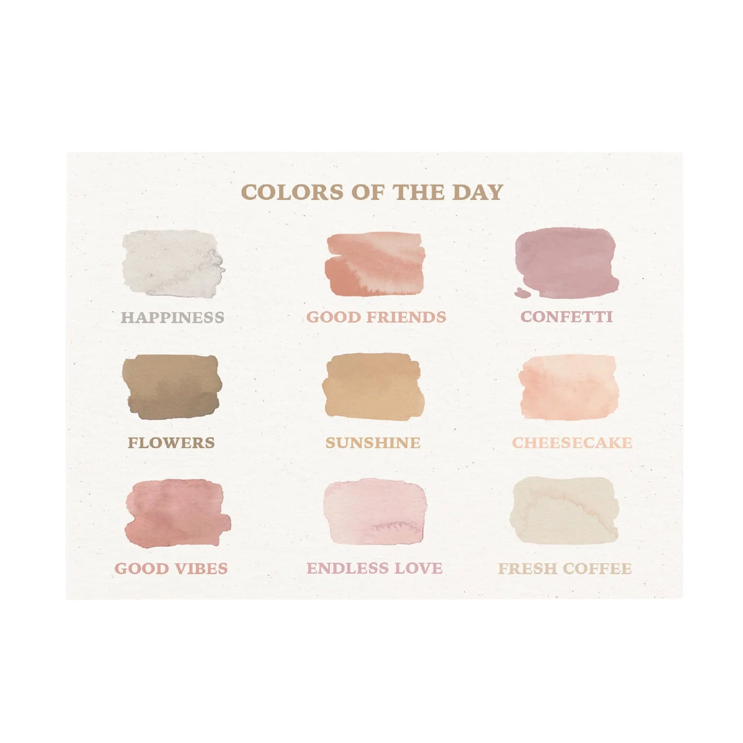 Querformatige Postkarte „COLORS OF THE DAY“ von Anna Cosma auf strukturiertem, hellem Papier. Zu sehen sind neun organische Aquarell-Farbkleckse in Pastell-, Rosé- und Erdtönen mit Begriffen wie „Happiness“, „Sunshine“ und „Good Vibes“.