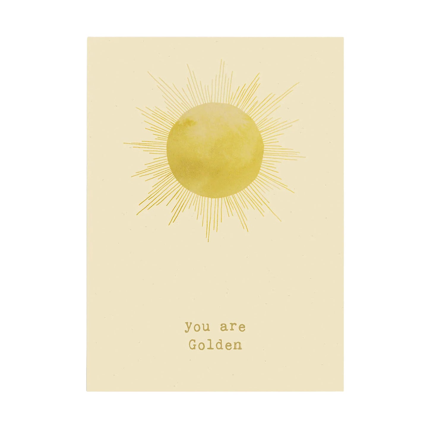 Hochformatige Anna Cosma Postkarte in Creme mit einer gelben Aquarell-Sonne, feinen Strahlen und dem Schriftzug You are Golden.