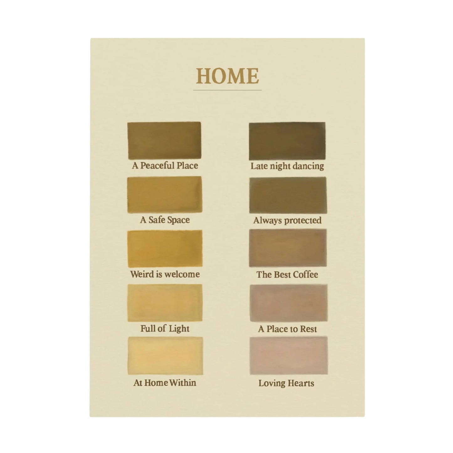 Hochformatige minimalistische Postkarte „HOME“ von Anna Cosma auf beigefarbenem Grund. Gezeigt werden zehn rechteckige Farbmuster in warmen Erd-, Ocker- und Kaffeetönen mit englischen Begriffen wie „A Safe Space“ und „The Best Coffee“.